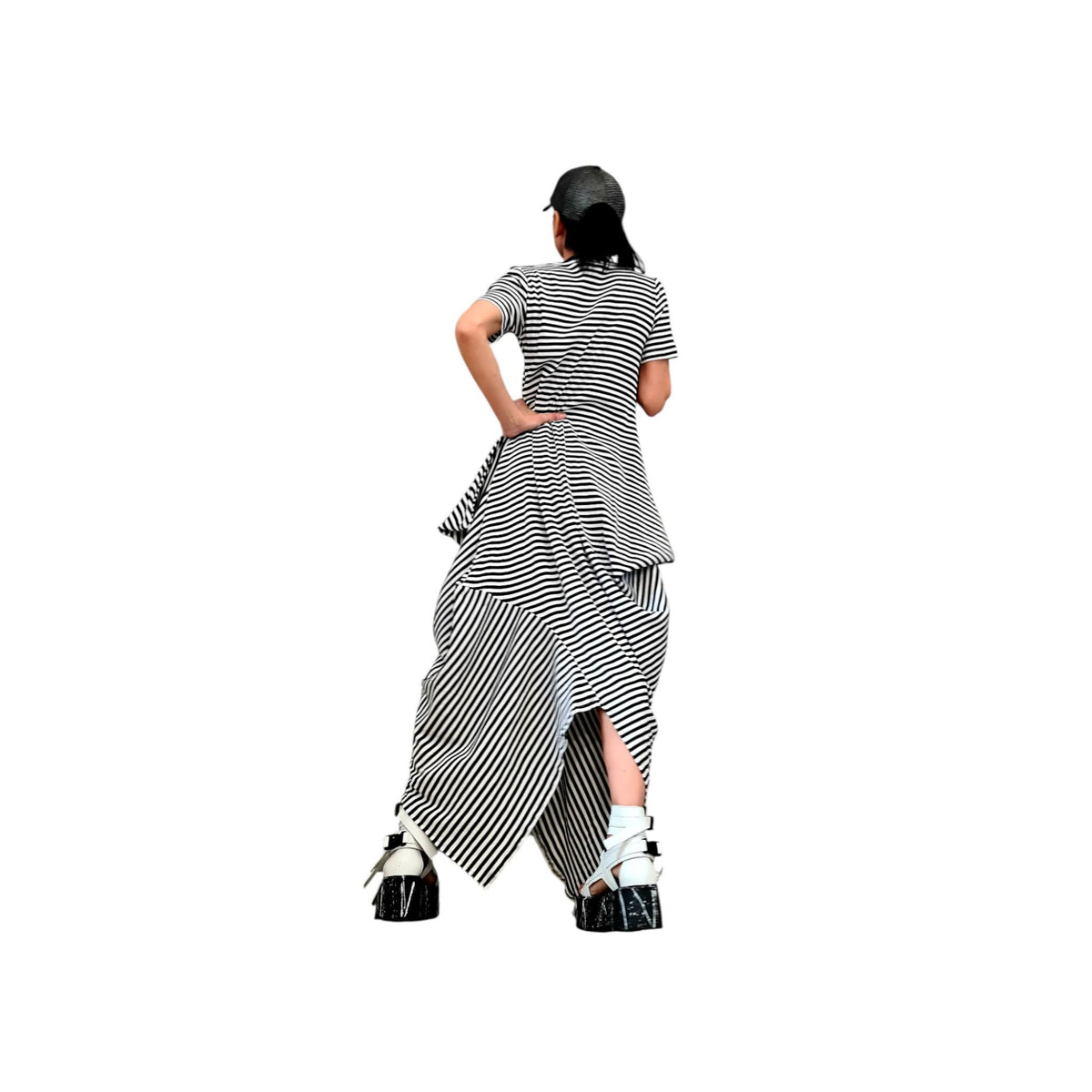 Striped Cotton Asymmetric Dress High Low Hem, Oversized Avant Garde Fashion