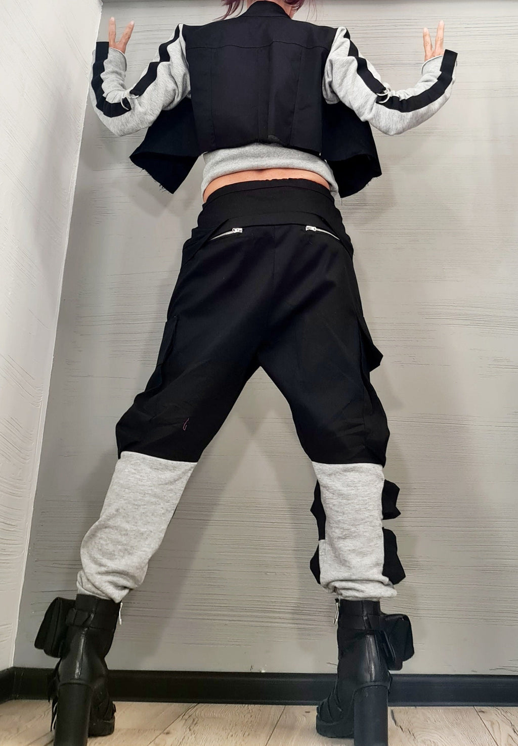 Black Cotton Harem Pants, Asymmetrical Jacket with Grey French Terry Sleeves, Two-Piece Co-Ord Set