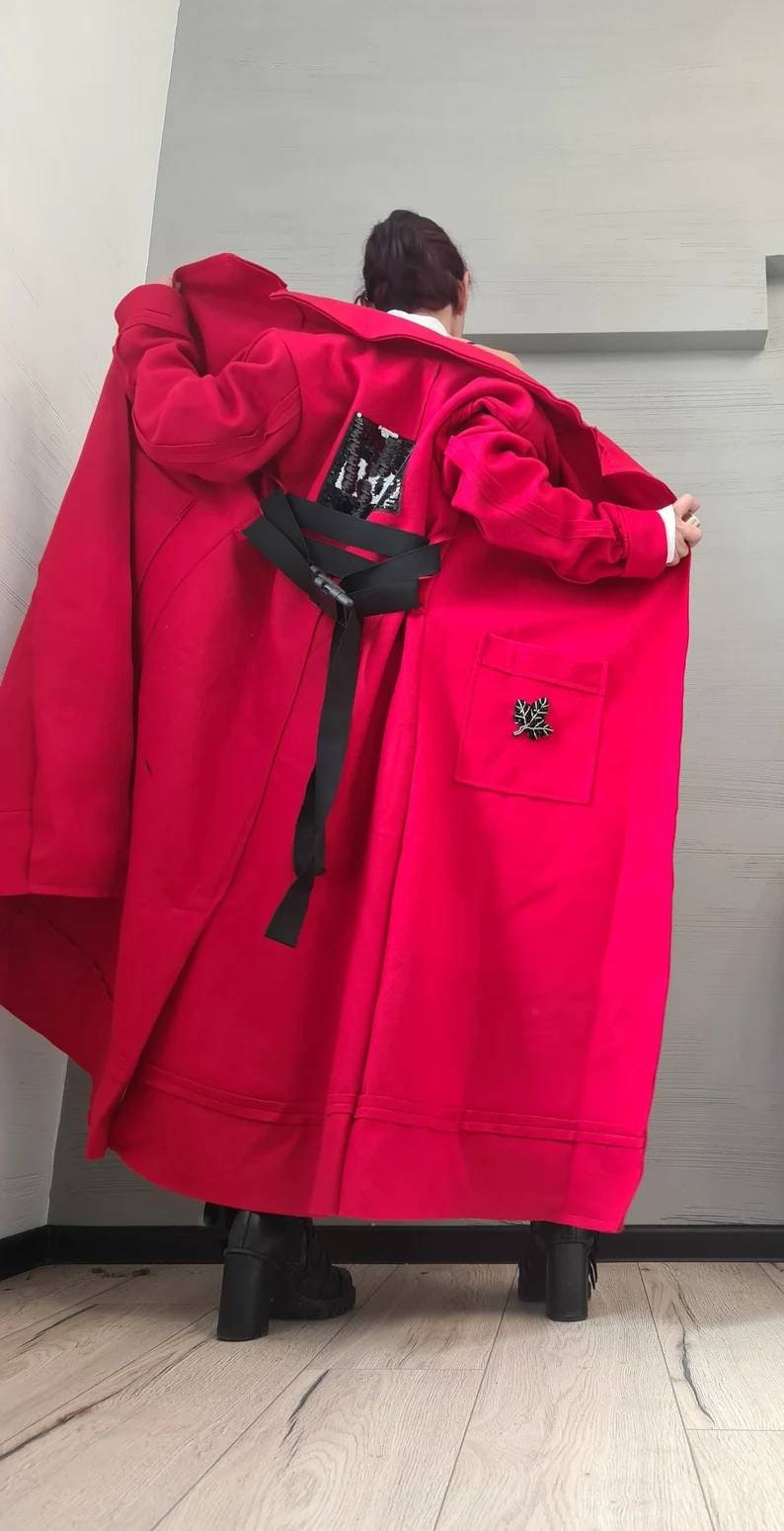 Red Wrap Maxi Coat with Collar, Double Belt Closure, Long Sleeves, Plus Size
