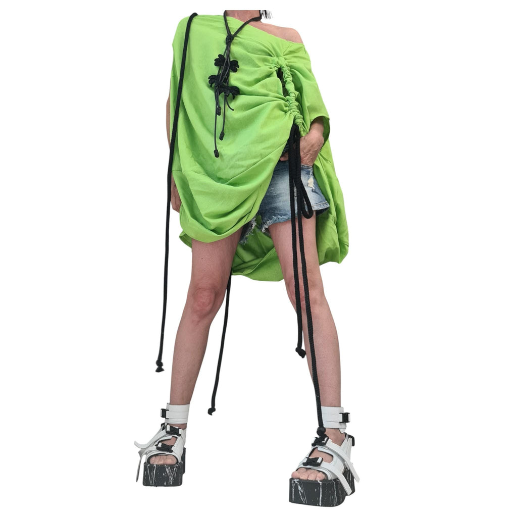 Light Green Linen Tunic Dress, Oversized Asymmetric Kaftan, Adjustable Drawstring Length, Plus Size Linen Clothing