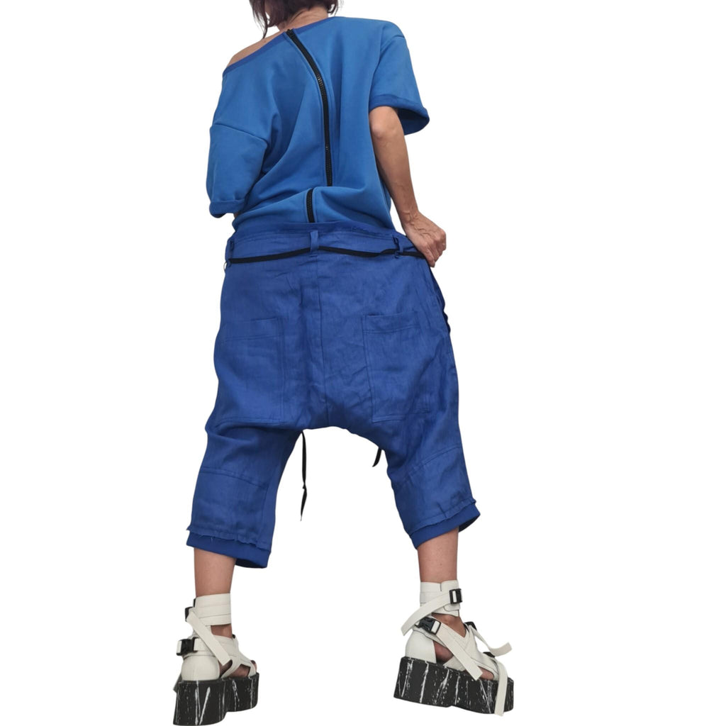 Blue Linen Harem Jumpsuit, Asymmetric Loose Overall, Wide Leg Drop Crotch Summer Romper