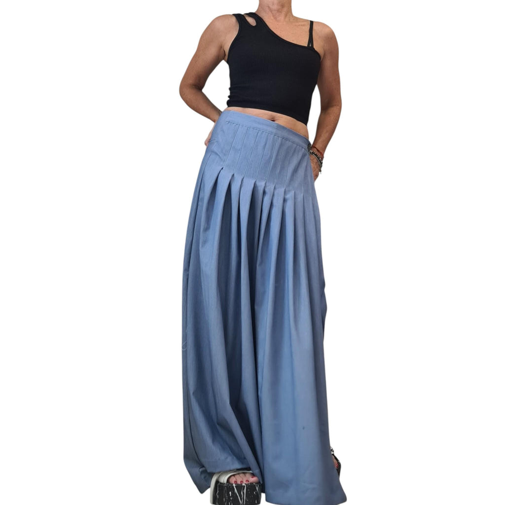 Light Blue Denim Harem Trousers, Wide Leg Pants, Pleated Front Panel, Convertible Skirt Design