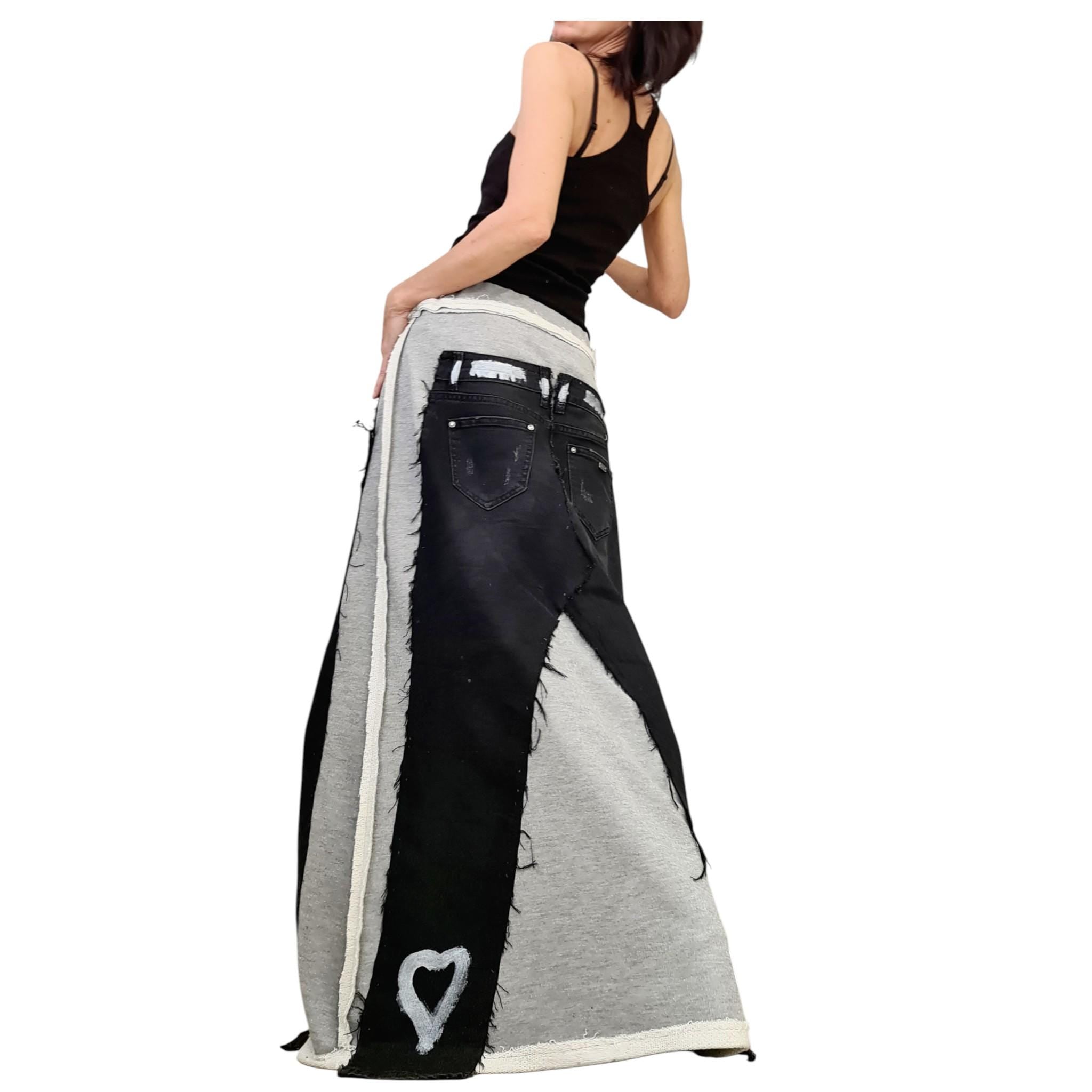 Deconstructed Avant Garde Denim Skirt, Outside Seam, Plus Size French Terry Skirt