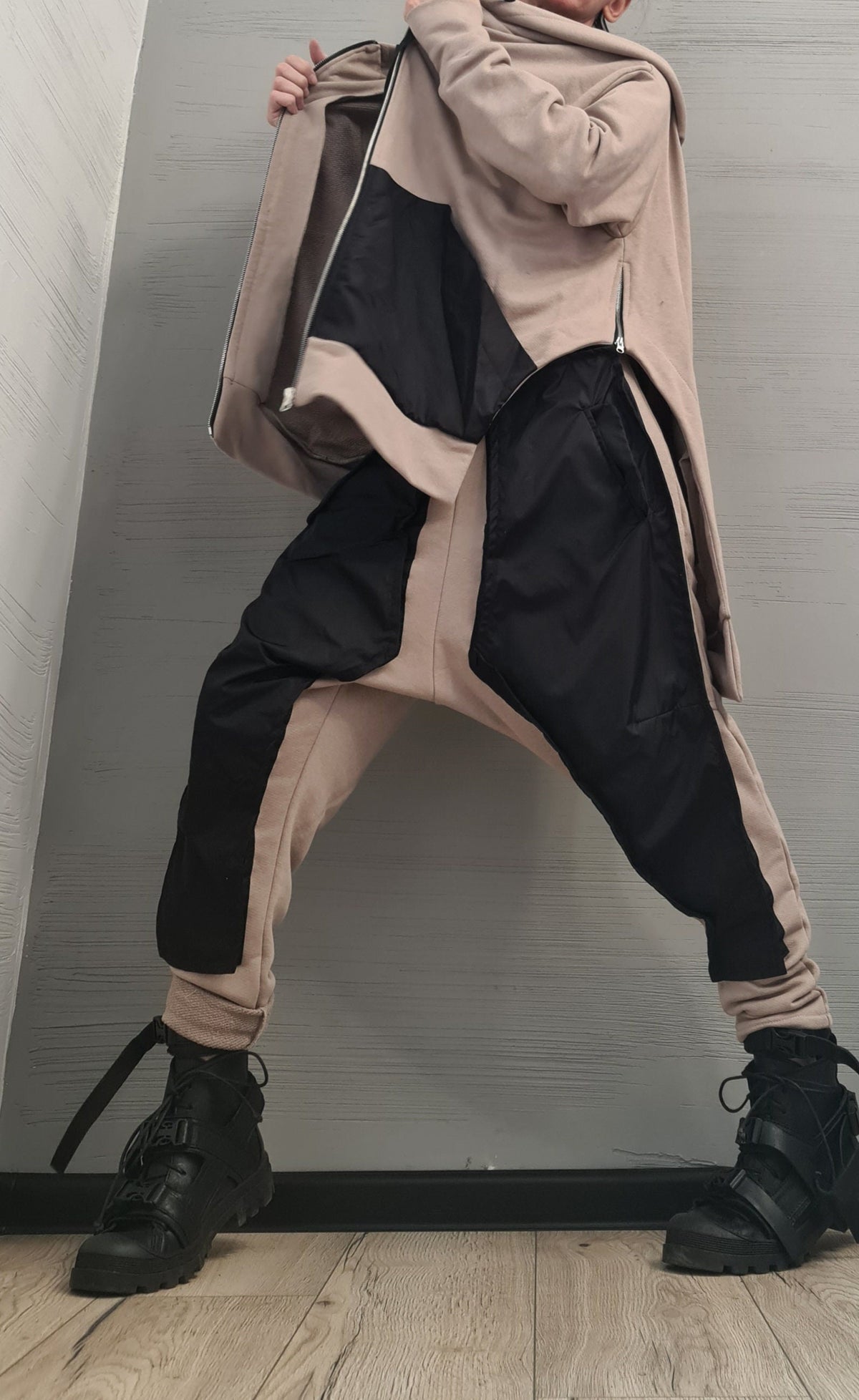 Black White Cotton Drop Crotch Pants, Asymmetrical Zip Hoodie, Contrast Panels, Two-Piece Co-Ord Set