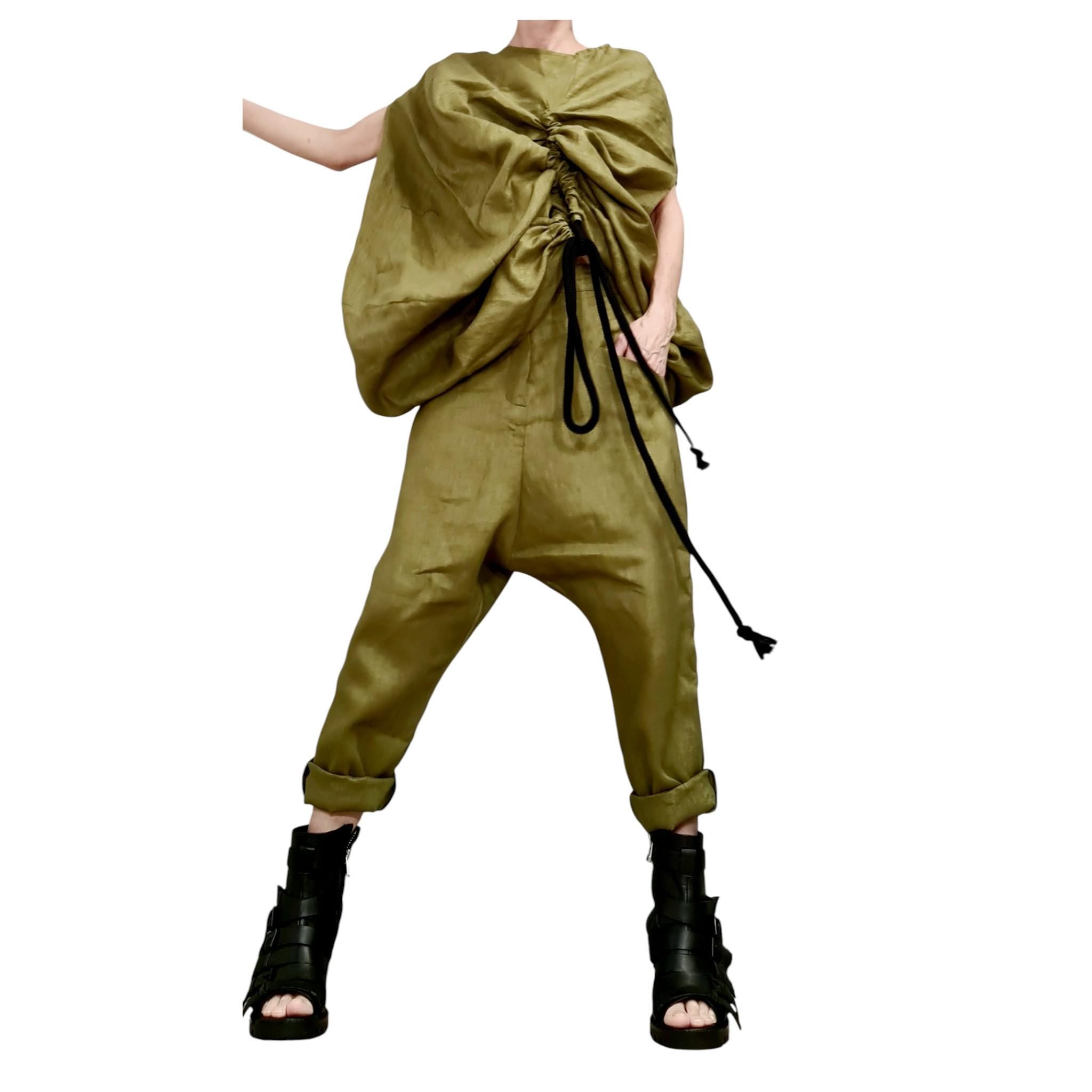 Military Green Linen Set – Avant Garde Drop Crotch Pants and Tunic