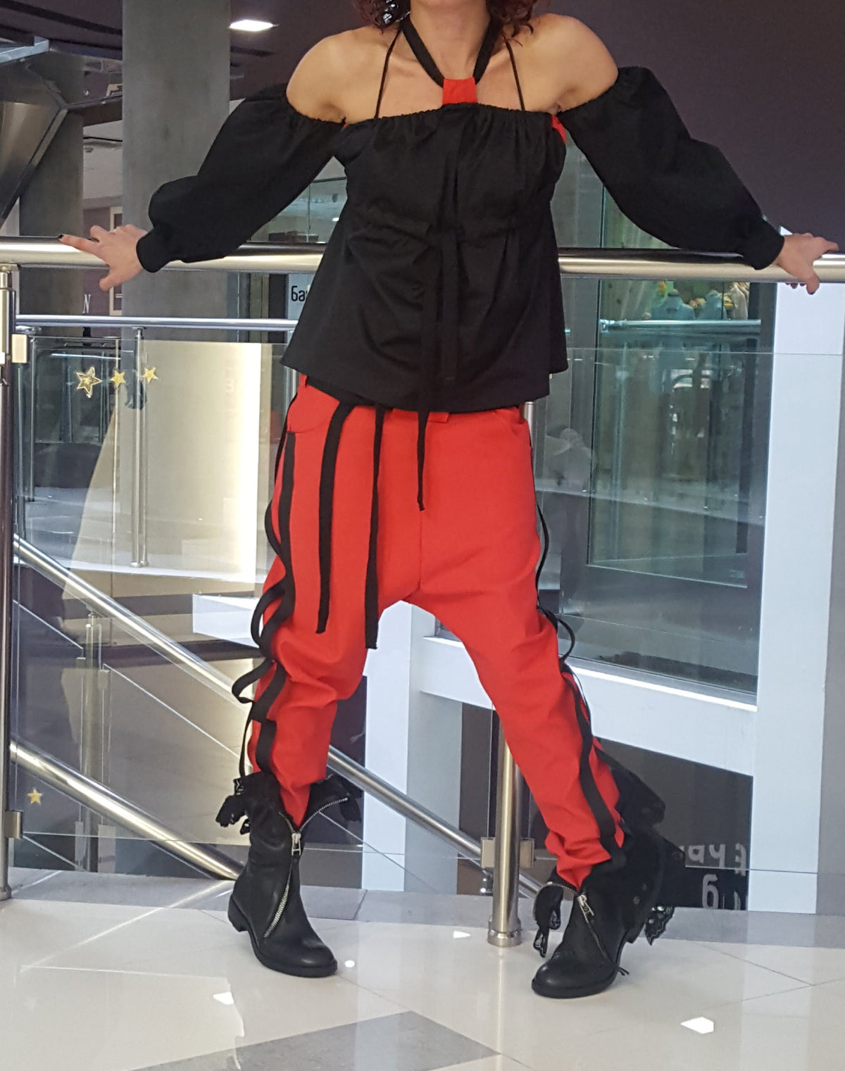 Red Cotton Co-Ord Set, Drop Crotch Pants, Black Cold Shoulder Batwing Blouse