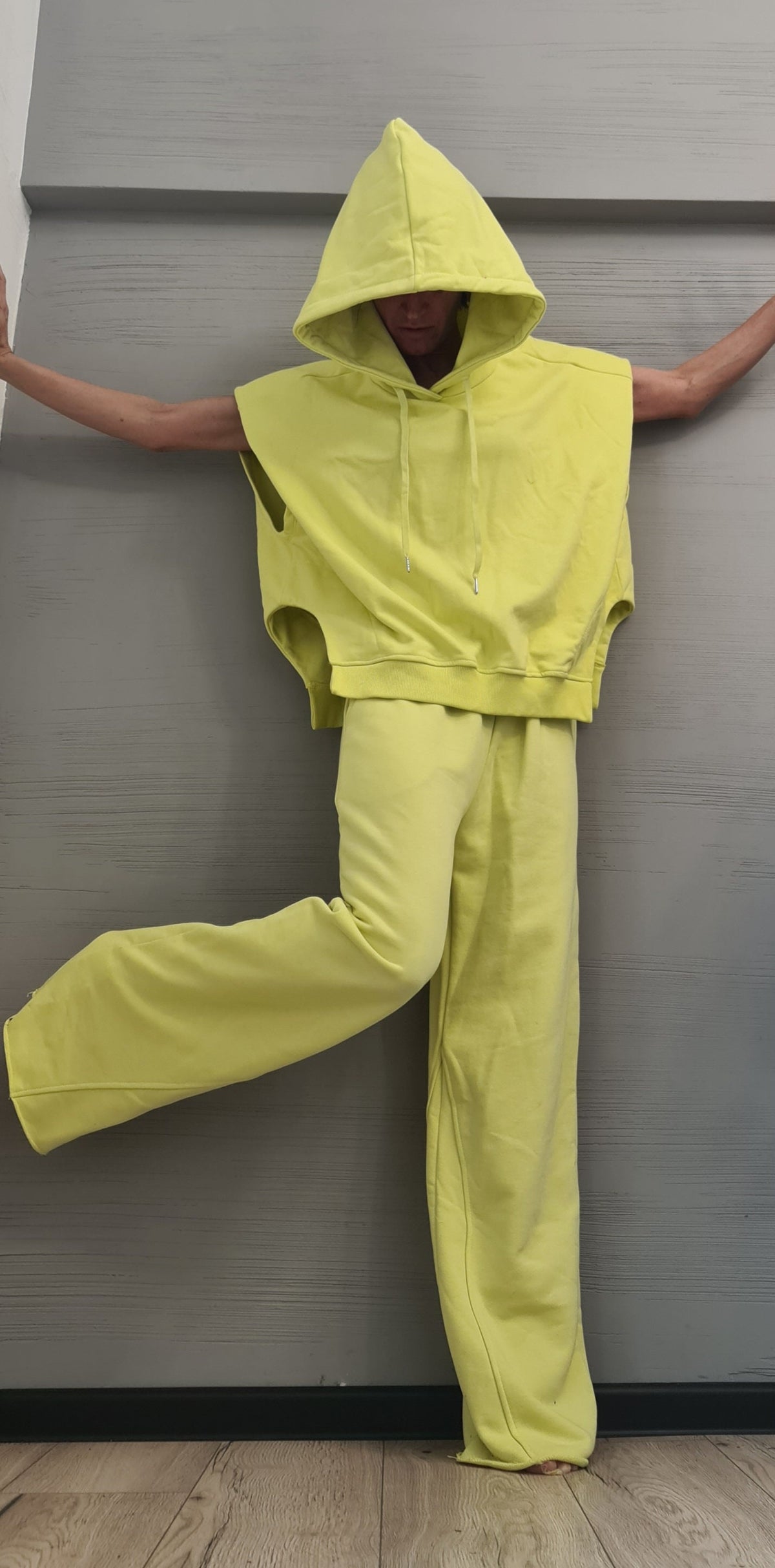 Lime Cotton Wide Leg Pants, Oversized Asymmetrical Hooded Blouse, Loose Fit Two-Piece Co-Ord Set