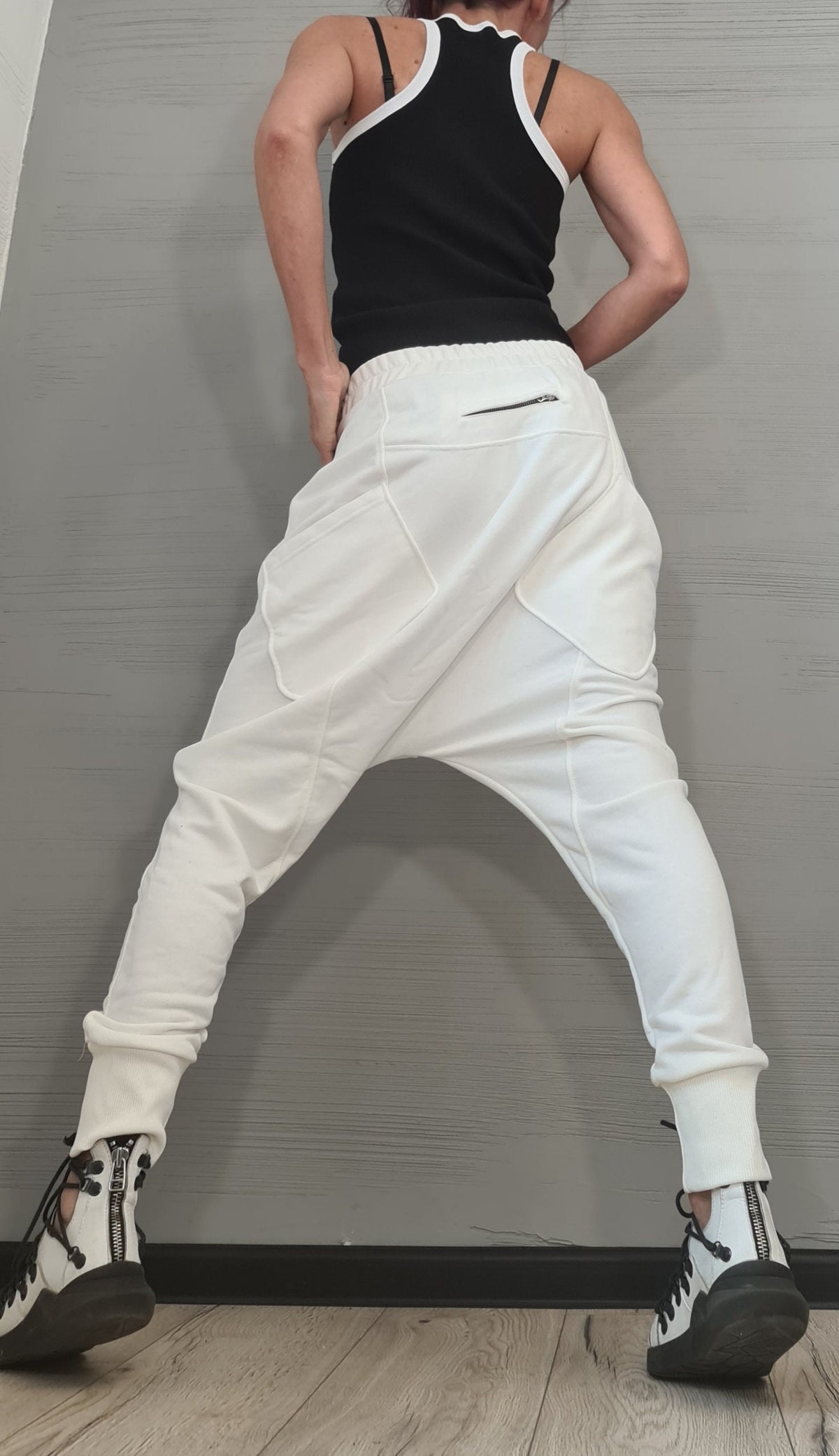 White French Terry Harem Pants, Tapered Trousers