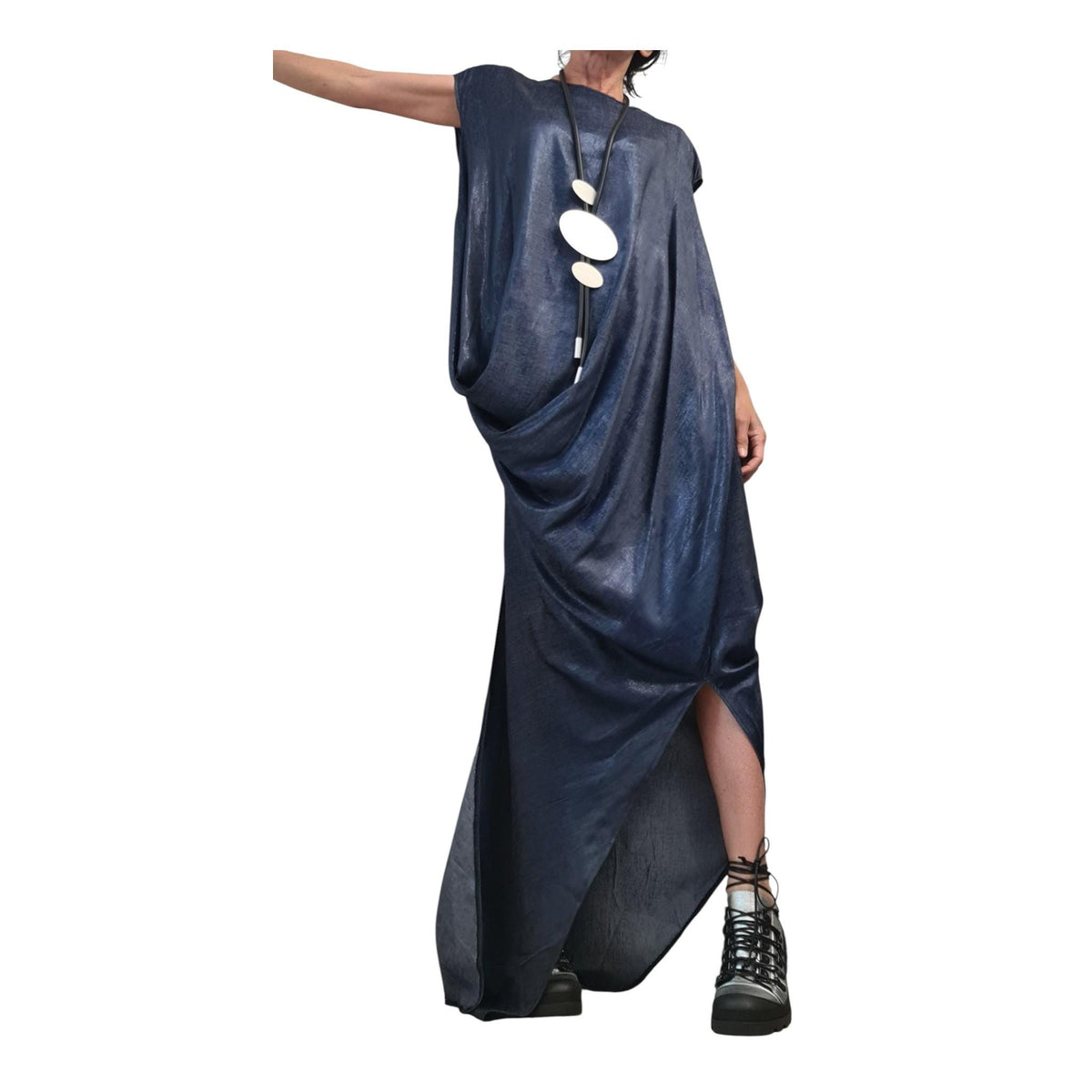 Shiny Denim Avant Garde Long Dress, One Shoulder Drape Style