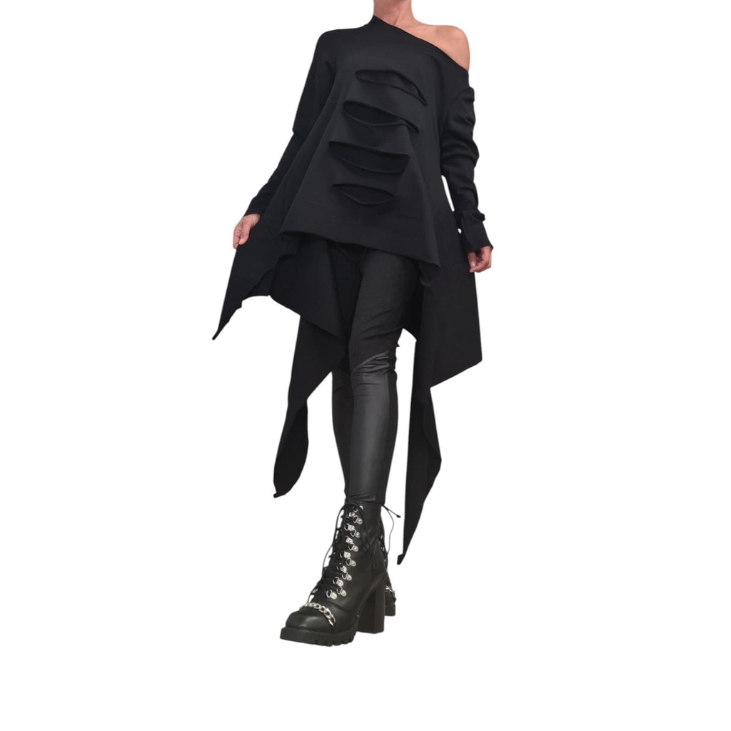 Black Asymmetrical Cotton Tunic, Handmade Long Sleeve Tunic Top, Artistic Avant-Garde Women's Fashion, Unique Modern Design