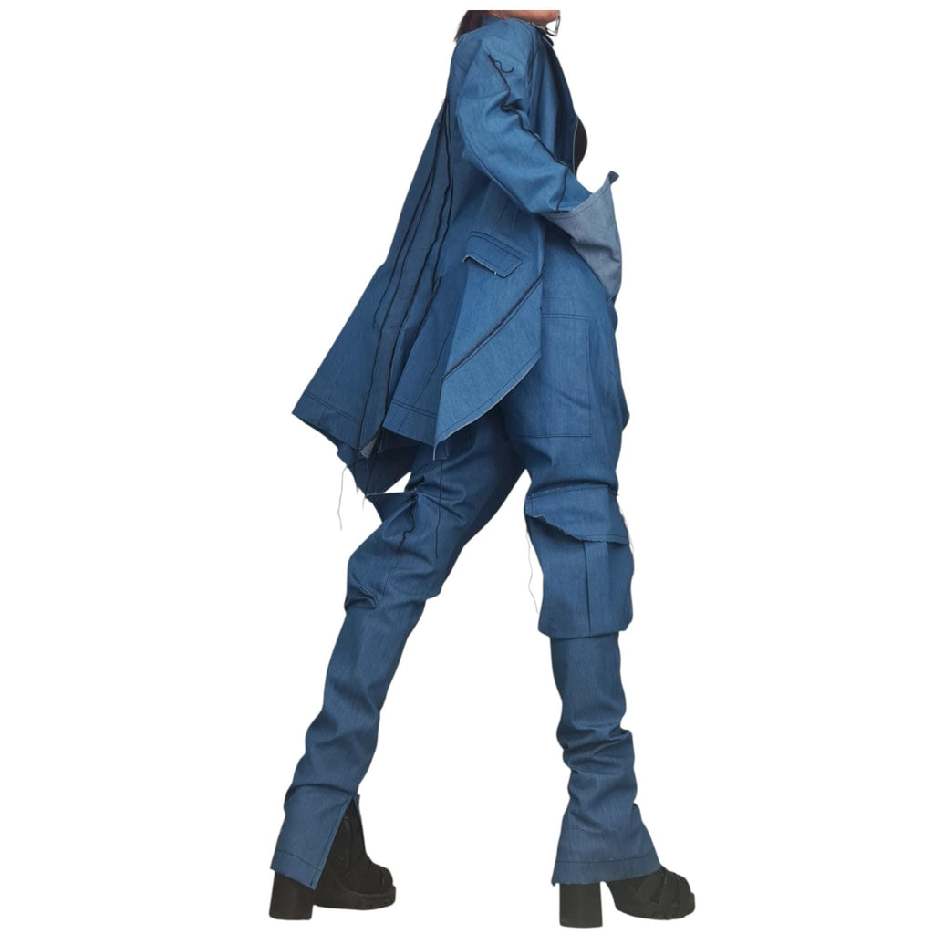 Denim Avant Garde Set, Asymmetric Blazer and Cargo Pants, Deconstructed Extravagant Womens Clothing