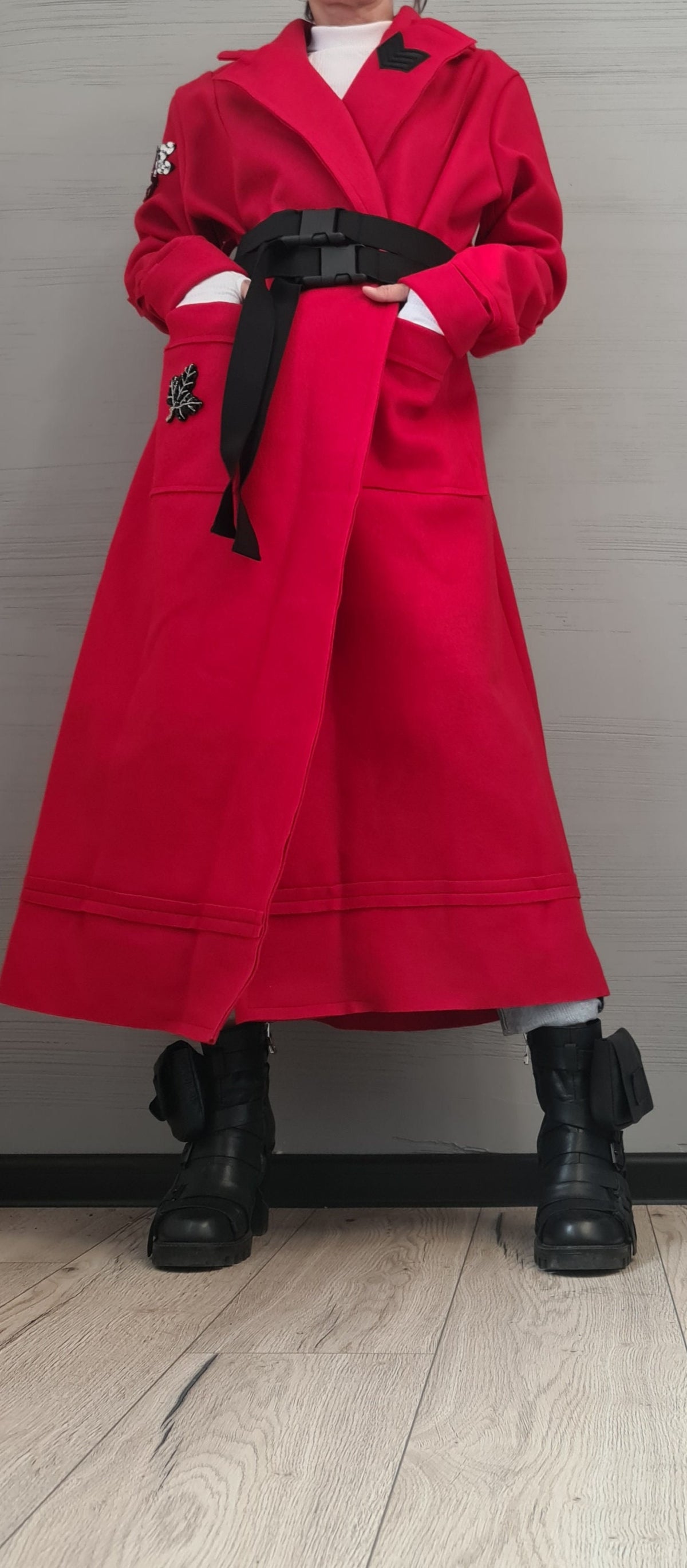 Red Wrap Maxi Coat with Collar, Double Belt Closure, Long Sleeves, Plus Size