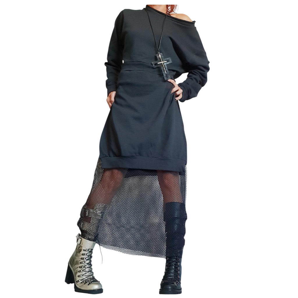 Long Gothic Dress: Black Cotton, Asymmetric Design - Boho Style