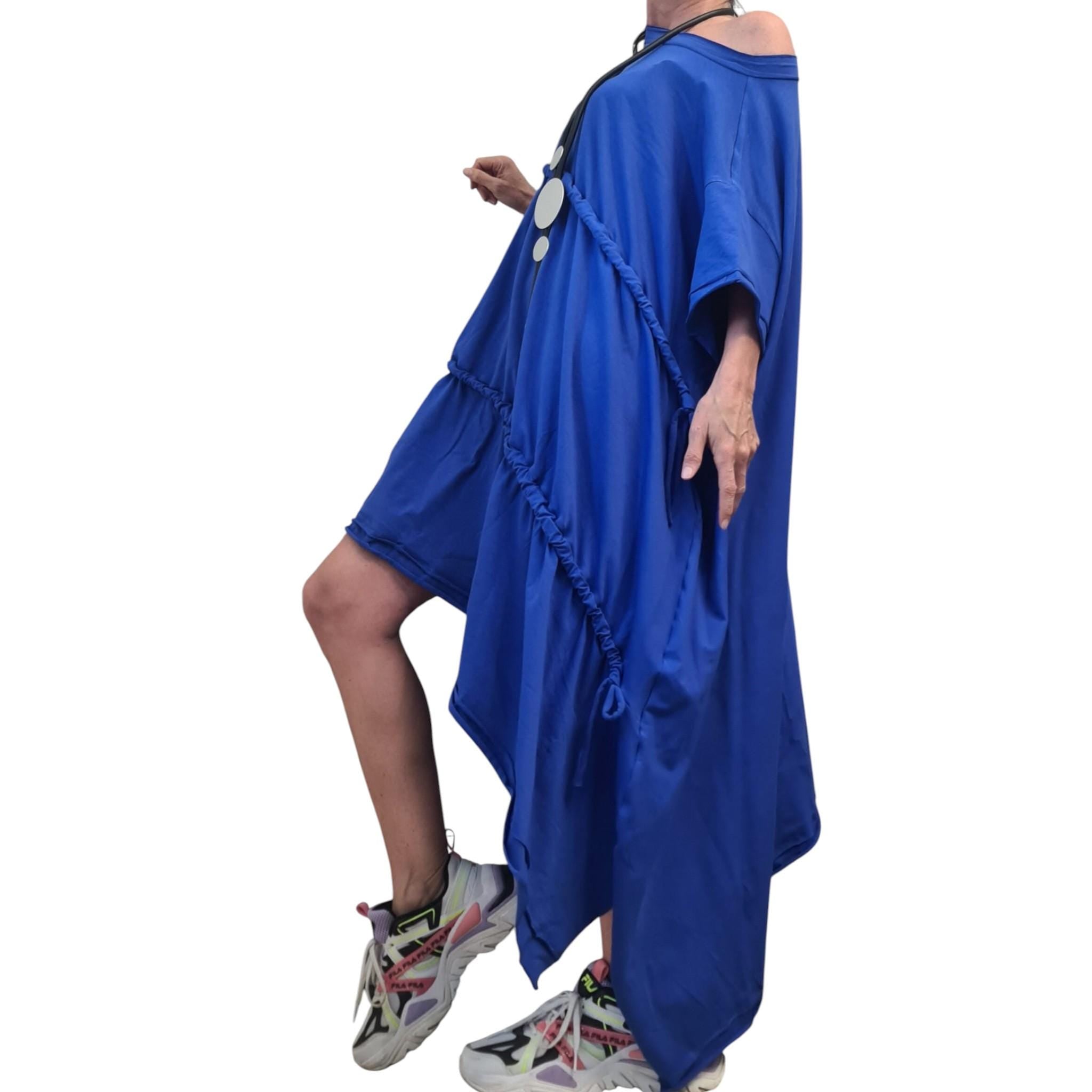 Royal Blue Asymmetrical Cotton Tunic, Loose Oversize Style, Plus Size Dress