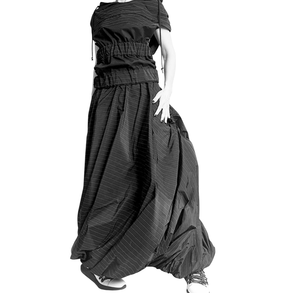 Black Pinstripe Cotton Sateen Co-Ord Set, Asymmetrical Hooded Vest, Maxi Skirt