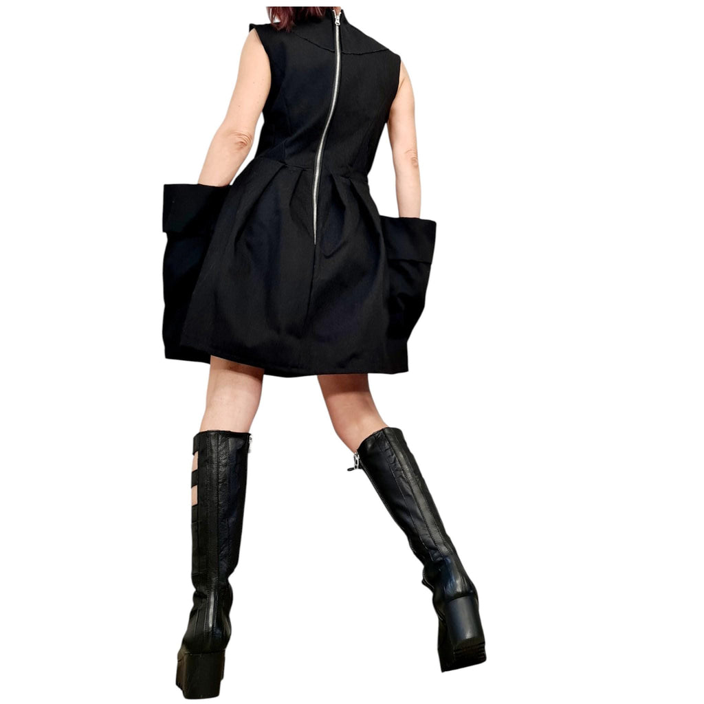 Asymmetric Black Cothic Dress, Extravagant Pockets, Plus Size Clothing