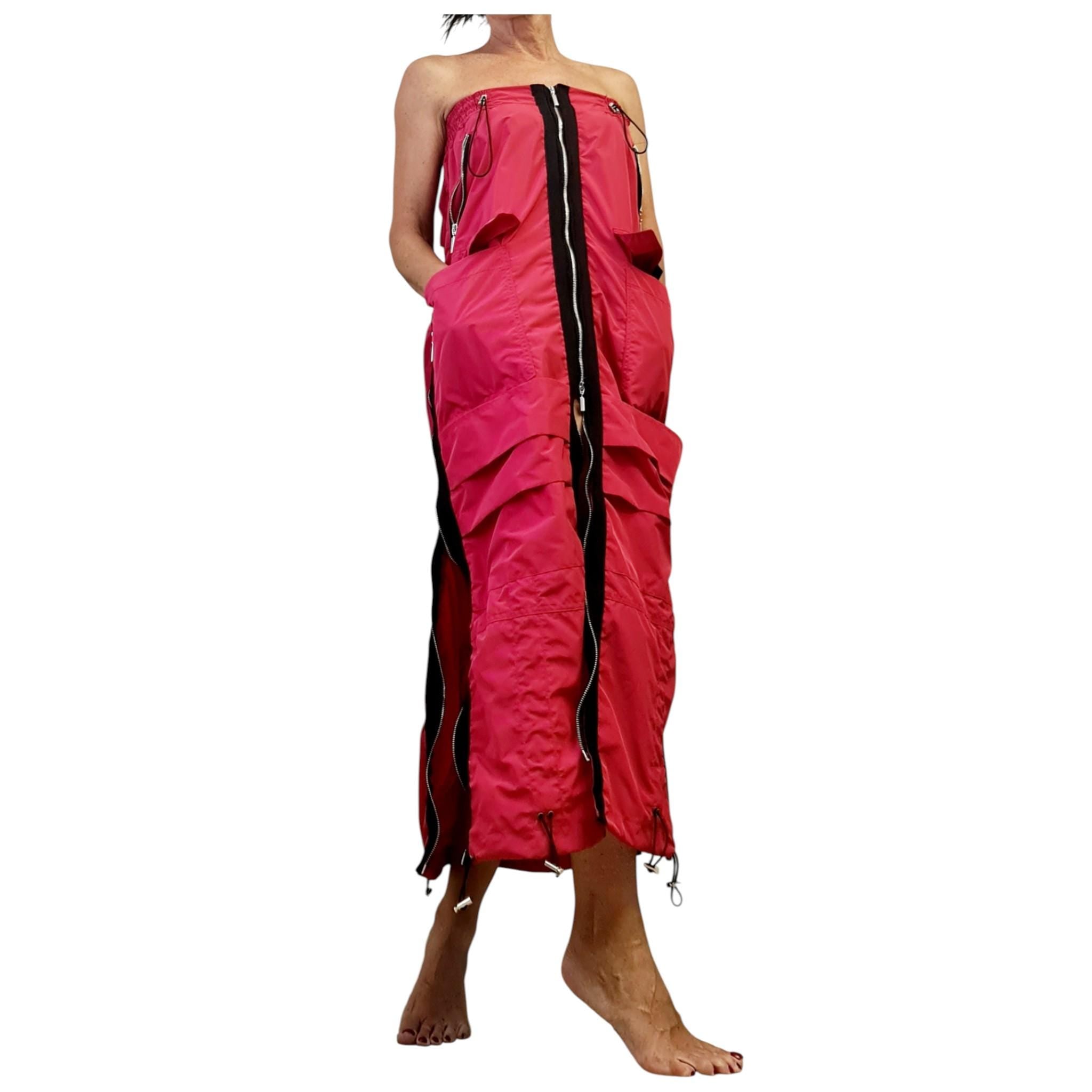 Red Maxi Cargo Skirt with Zippers, Oversized Avant Garde Clothing, Techwear Festival Outfit