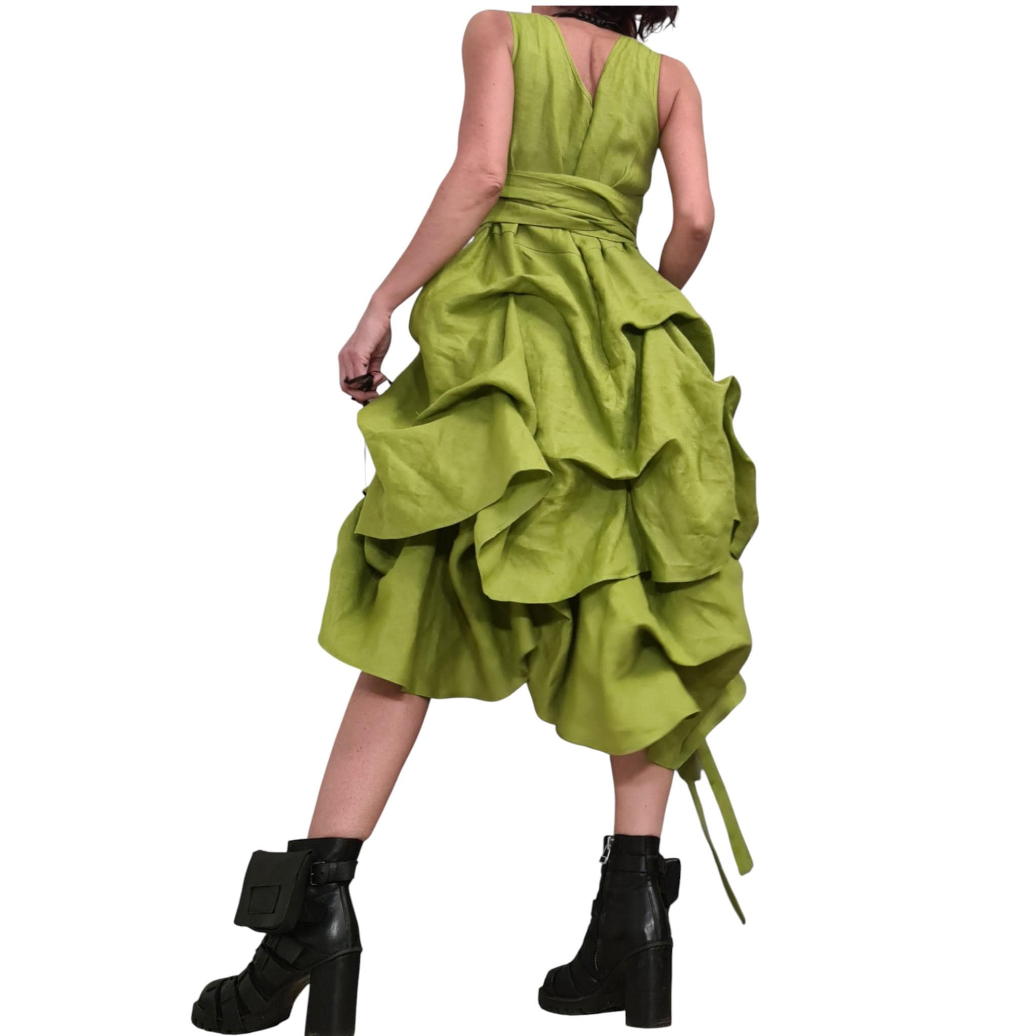 Lime Linen Asymmetric Dress for Women, Sleeveless Layered Midi Dress, Adjustable Avant garde Skirt