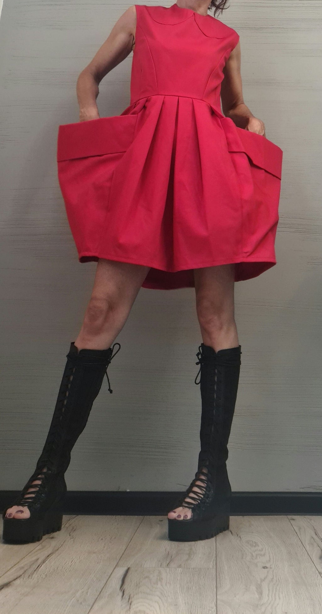 Red Asymmetrical Dress, Cotton Loose Fit, Sleeveless Plus Size, Extravagant Pocket
