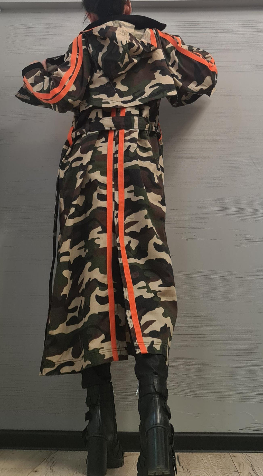 Camouflage Two-Piece Set, Cropped Hooded Jacket, Belted Maxi Vest, Orange Stripes