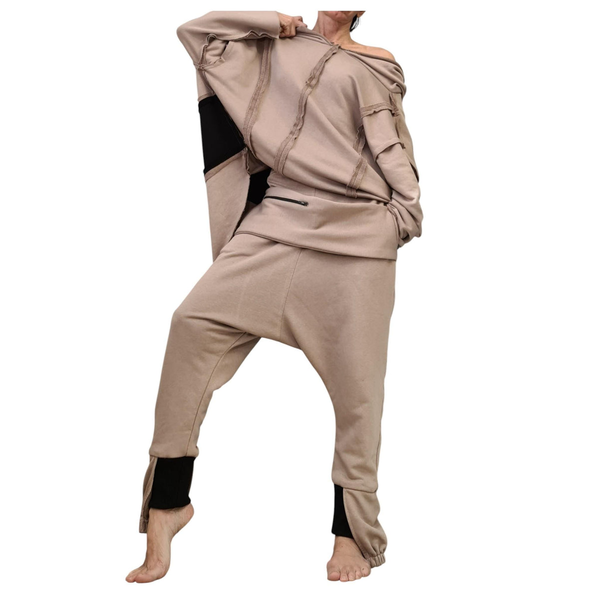 Beige Cotton Drop Crotch Harem Pants, Oversized Long Sleeve Hooded Top, Travel Co-Ord Set