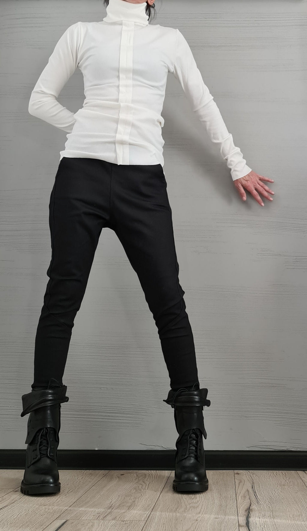 White Cotton Turtle Neck Fitted Extravagant Top Blouse, Avant Garde Style