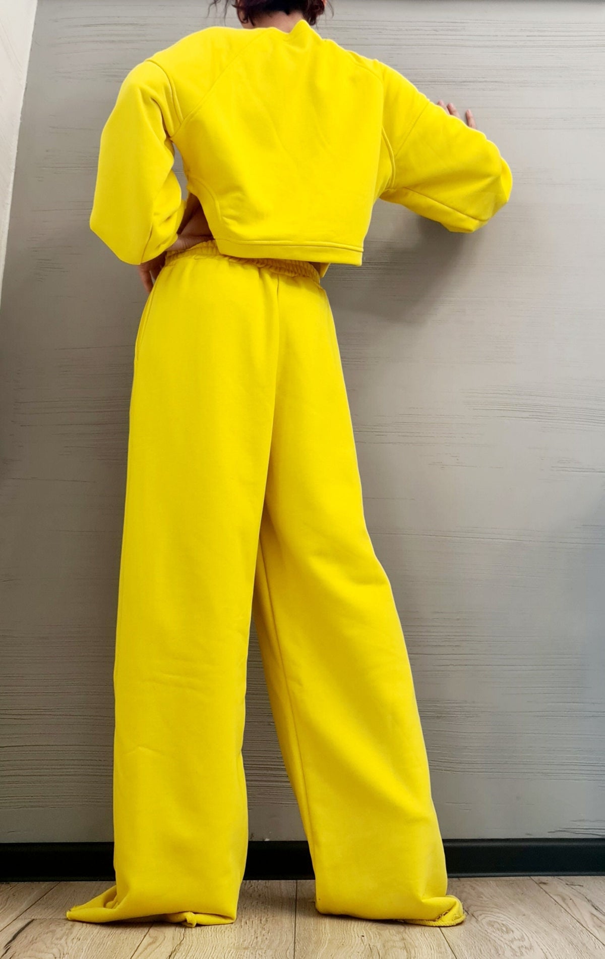 Yellow Cotton Wide-Leg Pants, Cropped Oversized Sweatshirt, Knee Cutout, Raw Hems, Two-Piece Co-Ord Set