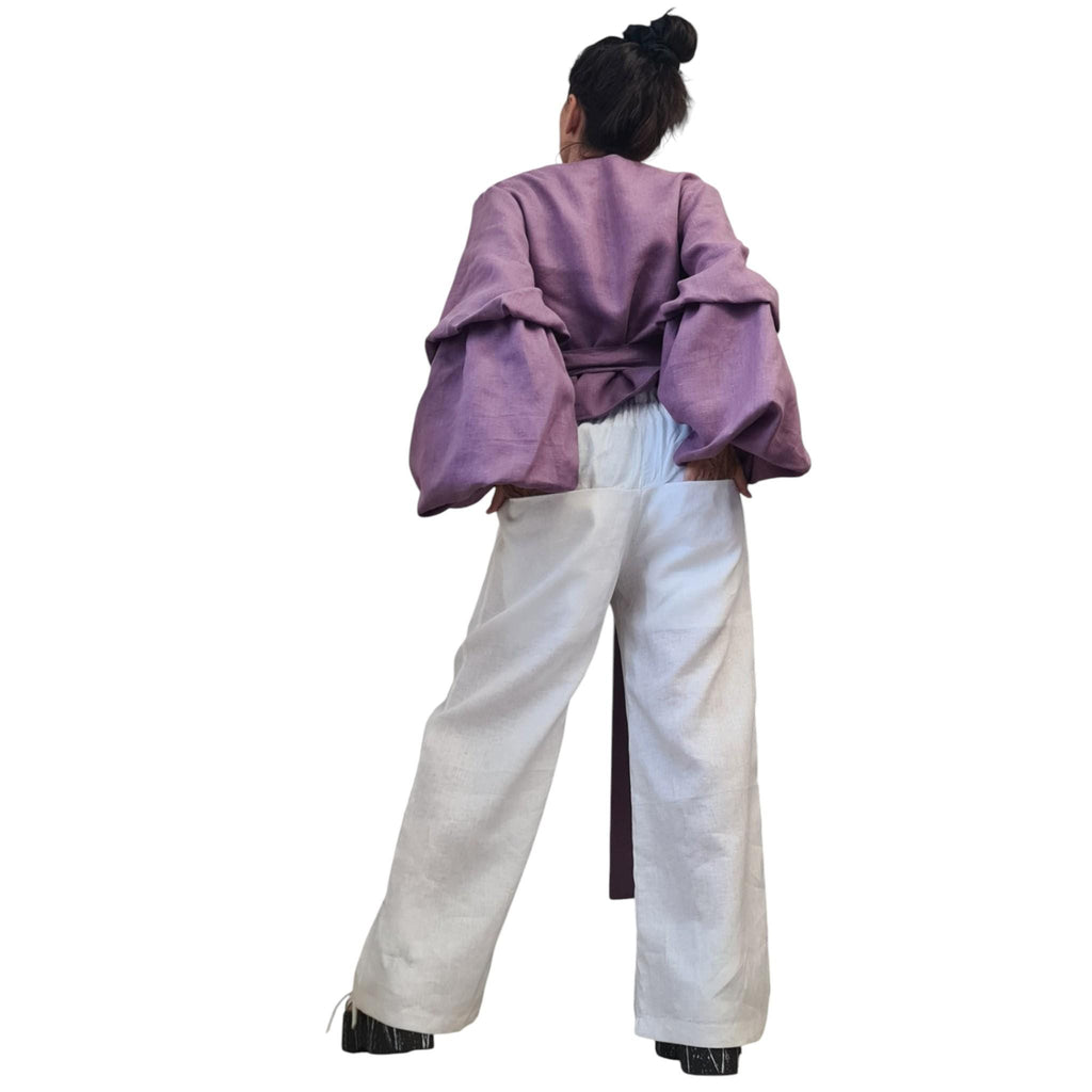 Lavender Linen Wrap Blouse, Reversible Top, Balloon Sleeves, Tie Waist, Oversized Fit, V Neck