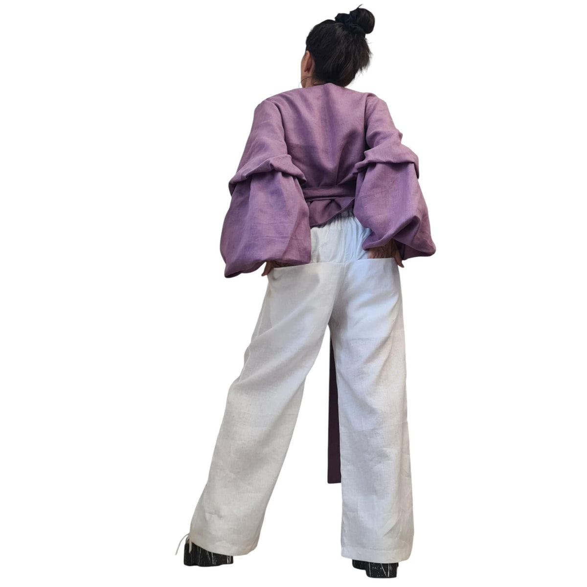 Lavender Linen Wrap Blouse, Reversible Top, Balloon Sleeves, Tie Waist, Oversized Fit, V Neck