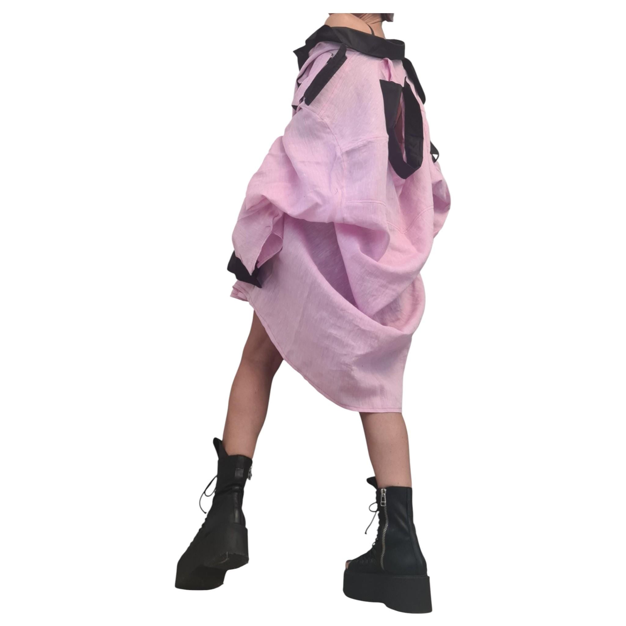 Baby Pink Linen Shirt, Oversized Avant Garde Top, Open Back, Cargo Pocket, Plus Size