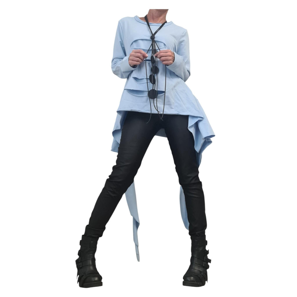 Avant Garde Light Blue Cotton Tunic, Deconstructed Asymmetric Top, Loose Oversize Blouse, Long Sleeve