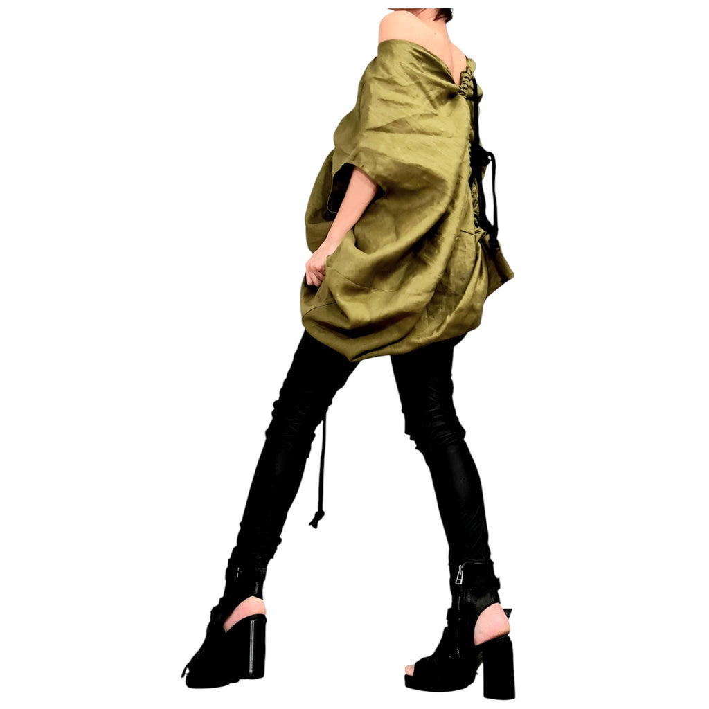 Military Green Linen Tunic, Asymmetric Oversize Top, Adjustable Ruched Kaftan, Plus Size Clothing