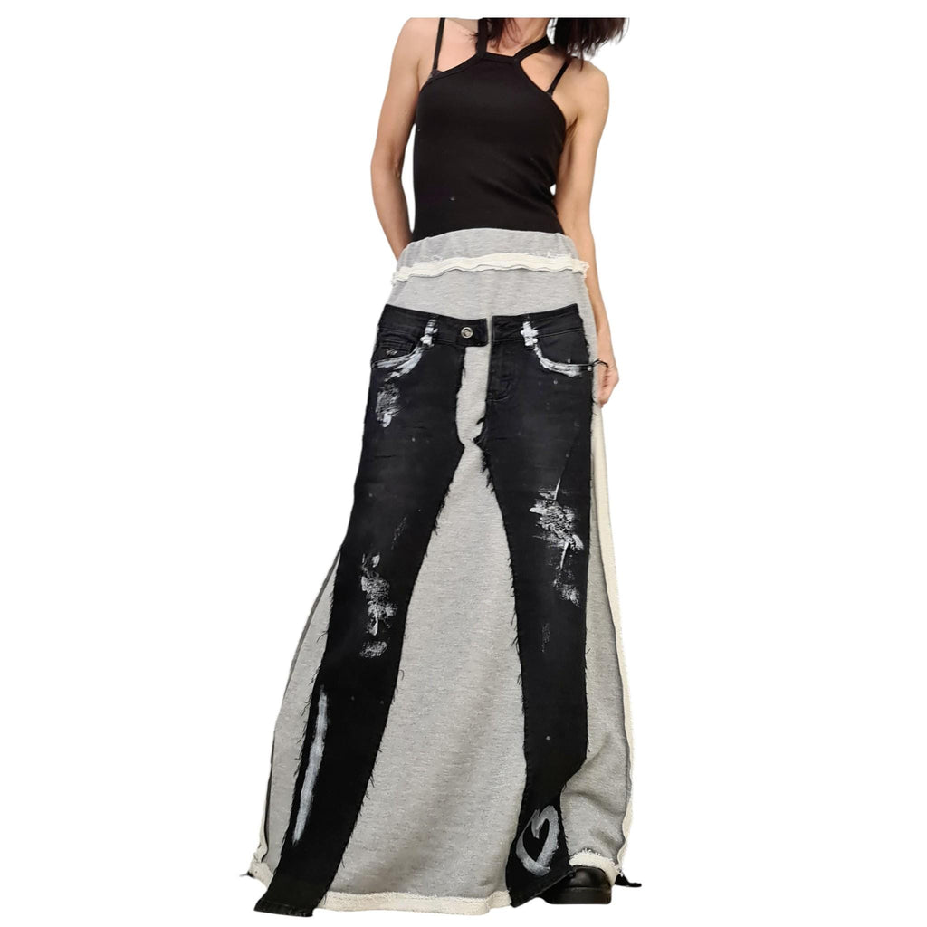 Deconstructed Avant Garde Denim Skirt, Outside Seam, Plus Size French Terry Skirt