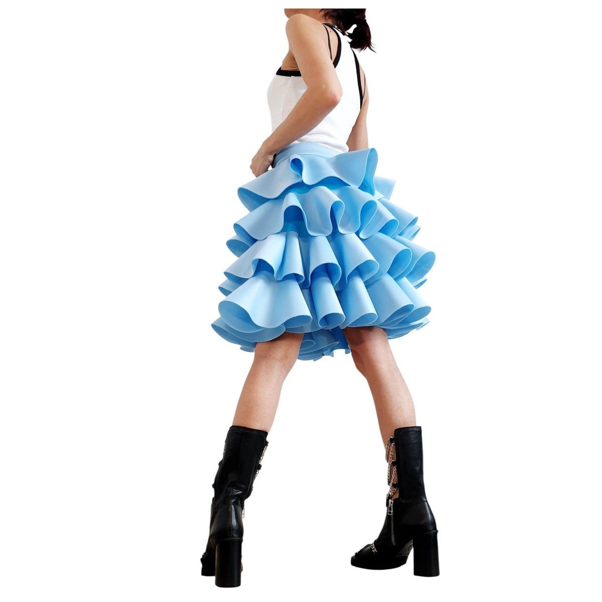 Red Neoprene Circle Skirt, Asymmetric Ruffle Ball