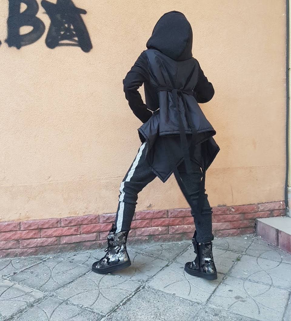 Black Hooded Puffer Jacket, Plus Size Asymmetric Winter Coat, Wool Details