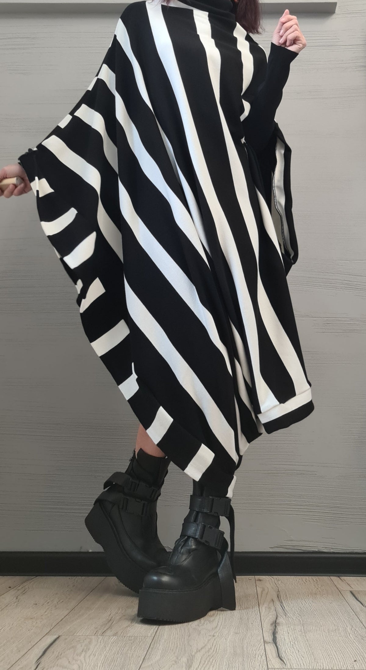Black White Striped Cotton Knit Tunic Dress, Gothic Plus Size Set