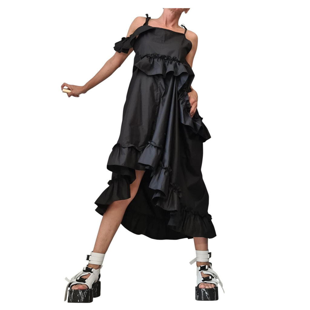 Asymmetric Loose Gothic Black Dress, Plus Size Clothing, Spaghetti Strap Dress
