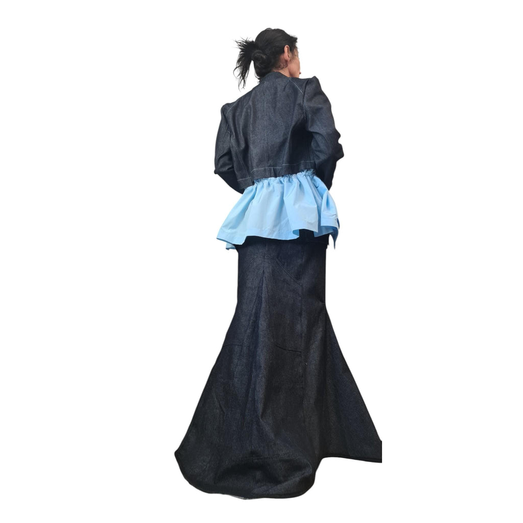 Denim Costume for Women, Avant Garde Denim Blazer, Asymmetric Long Short Skirt