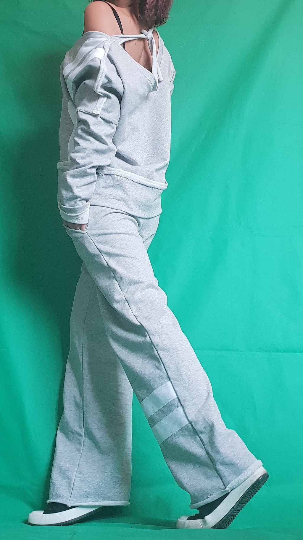 Grey Cotton Wide Leg Pants, Asymmetrical Off Shoulder Blouse, White Stripes, Two-Piece Co-Ord Set