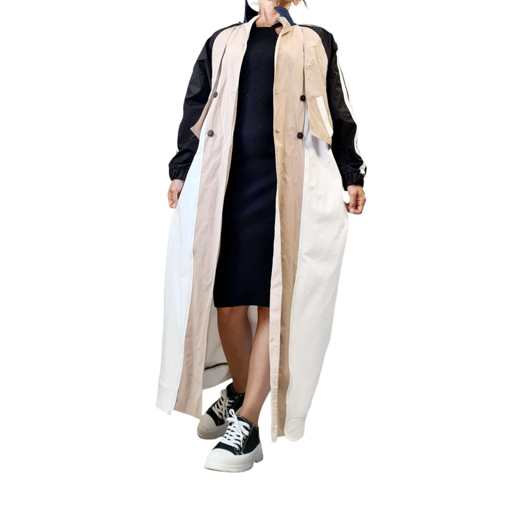 Beige Colour Block Trench Coat, Black and White Sleeves, Floor Length, Oversized Plus Size
