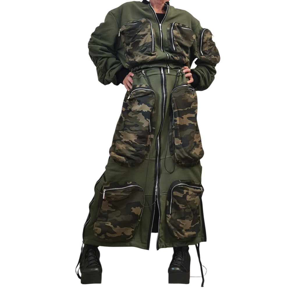 Olive Camo Cropped Bomber Jacket, Oversized Sleeves, Multiple Zip Pockets, Military Style, Plus Size