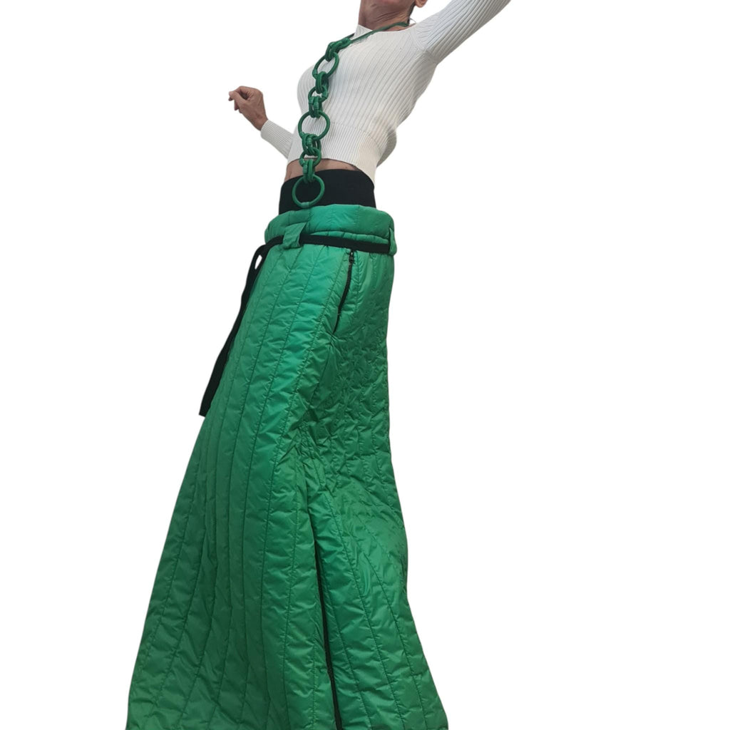 Green Quilted High-Waist Maxi Skirt, Cropped Hooded Puffer Jacket, Side Slit, Two-Piece Co-Ord Set