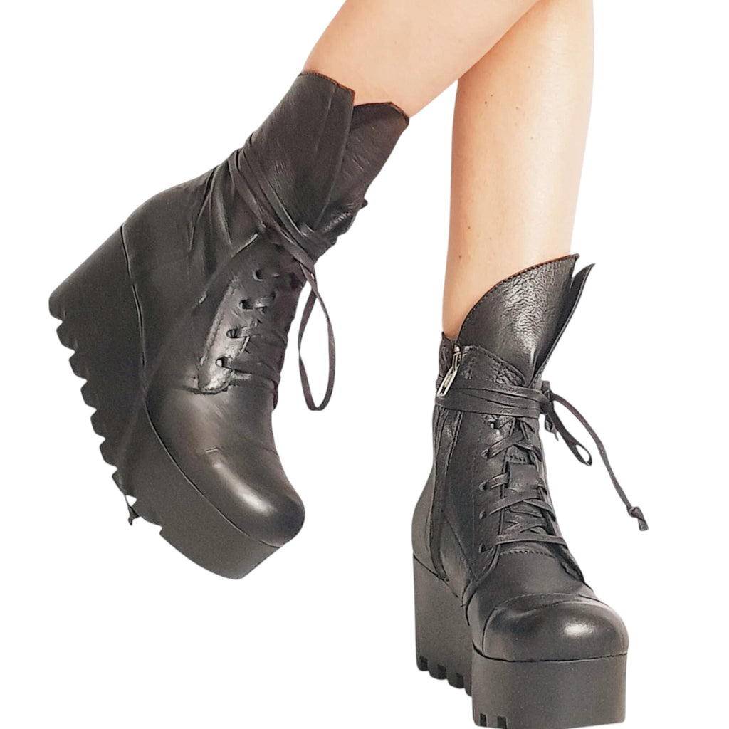 Black Platform Boots, Gothic Combat Booties, Steampunk Winter Ankle Shoes
