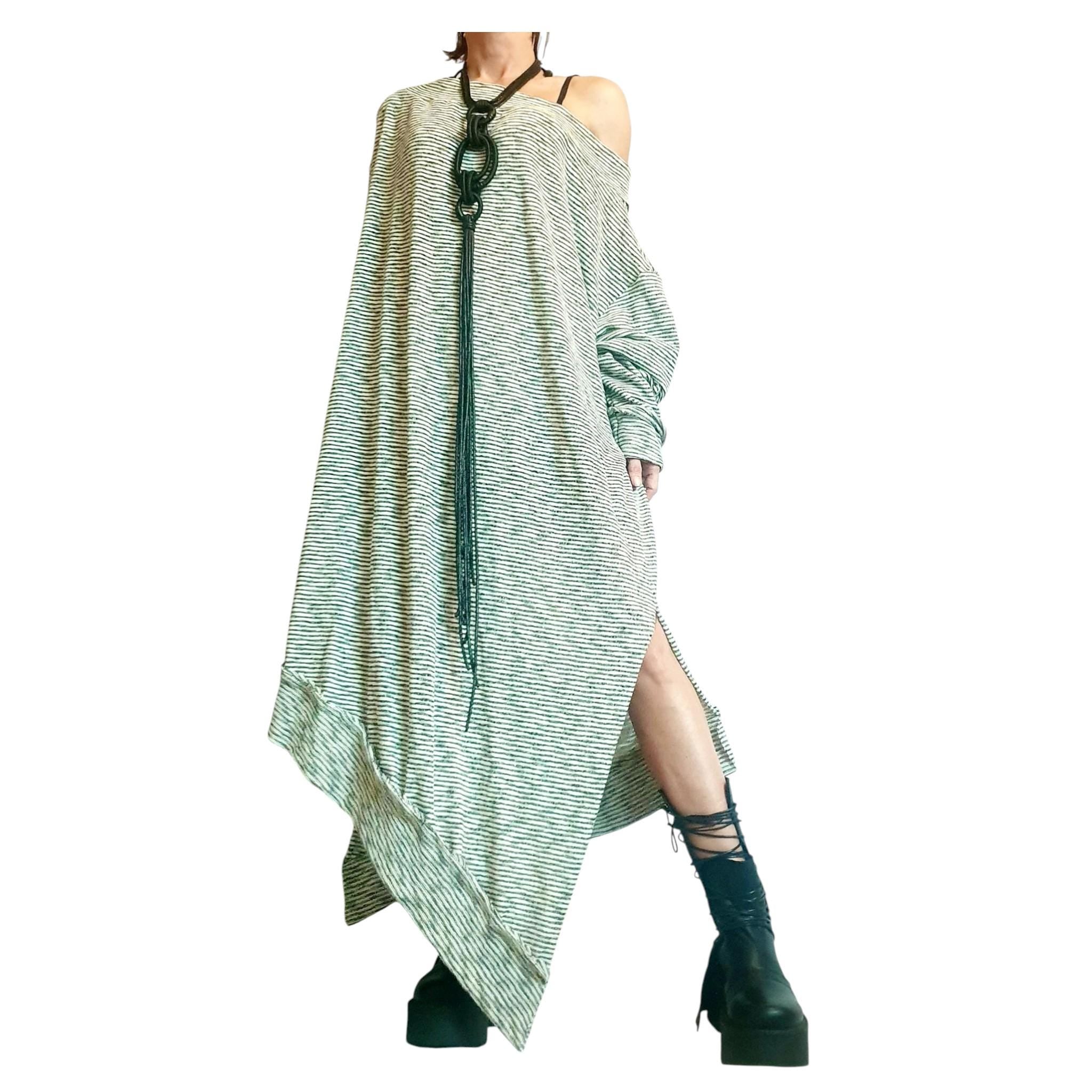 Stripe Extravagant Long Dress, Loose Maxi Dress Tunic, Plus Size Clothing, Oversize Dress, Sleeve Dress, One Shoulder Dress, Knitting Tunic