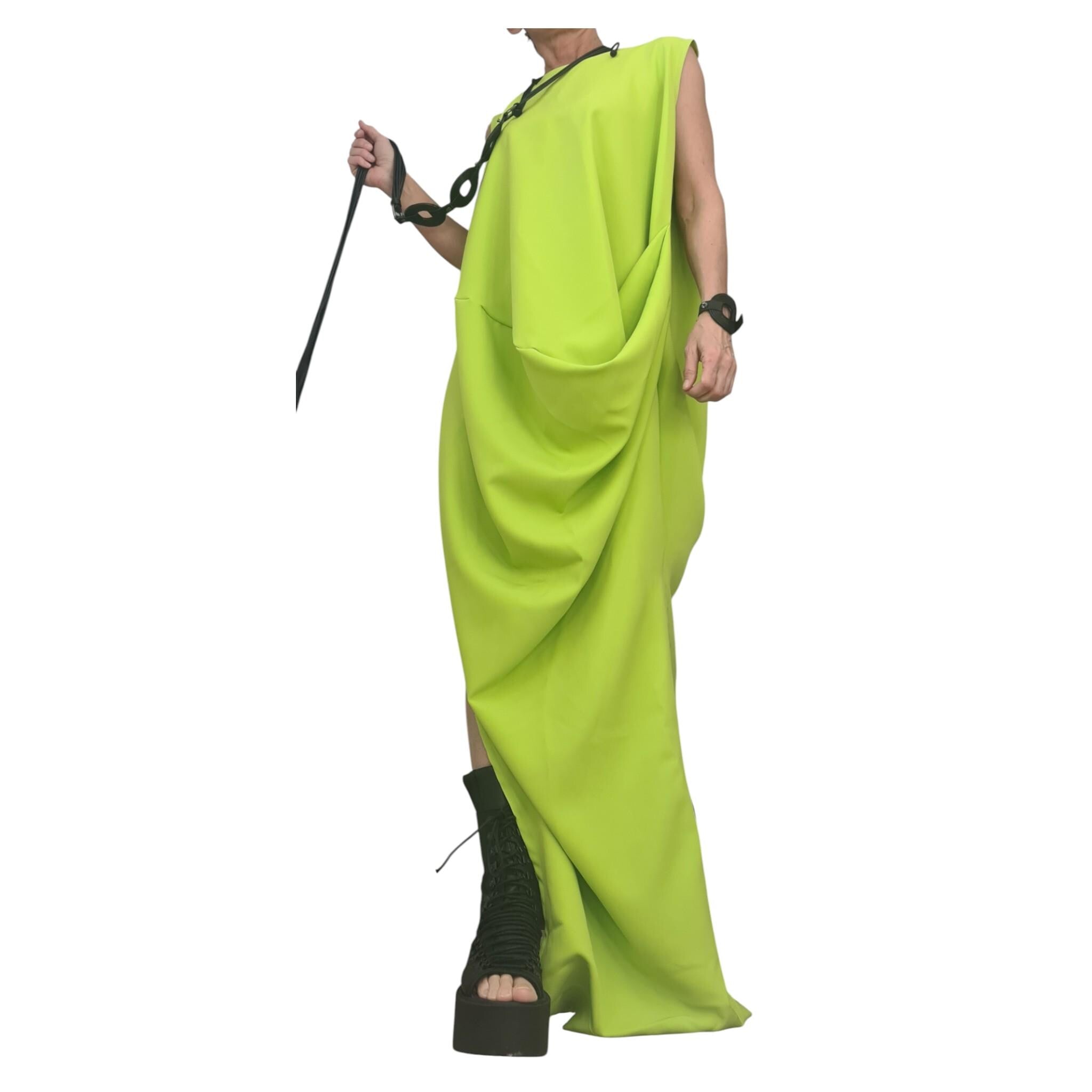 Lime Green Asymmetric Maxi Dress, Avant Garde Loose Drape Style