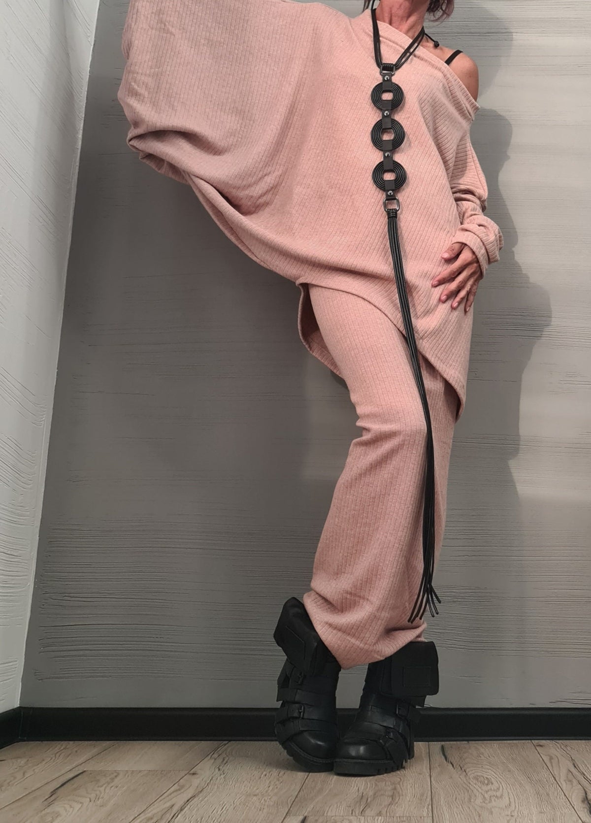 Pink Knit Pencil Skirt, Asymmetrical Long Sleeve Blouse, Plus Size Two Piece Co-Ord Set