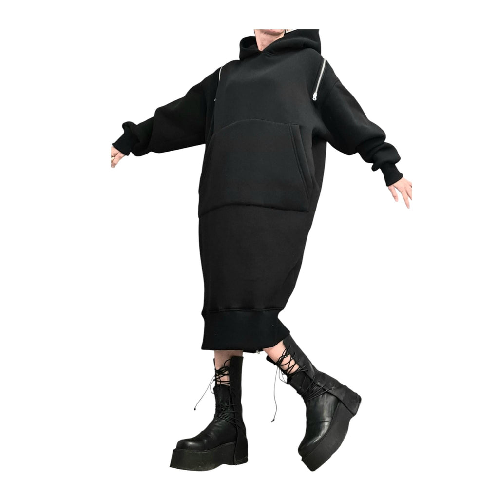 Black Hooded Sweatshirt Dress, Extravagant Plus Size Clothing