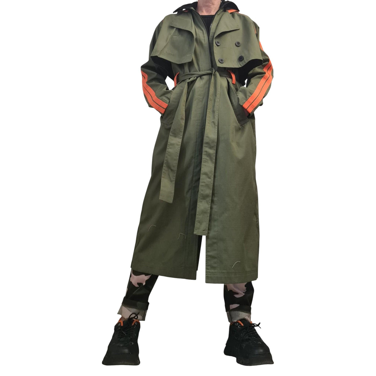 Military Green Hooded Two-Piece Set, Belted Maxi Vest and Cropped Jacket, Orange Stripes