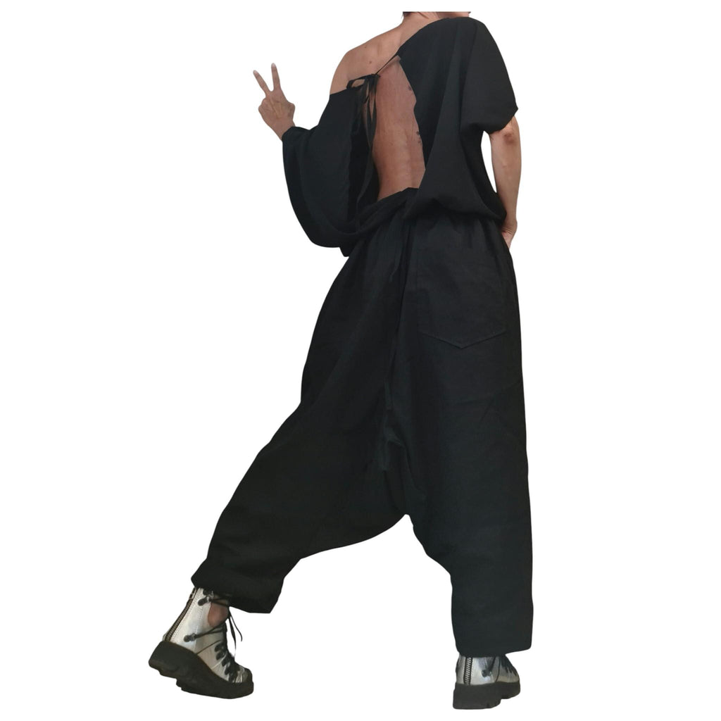 Black Gothic Harem Jumpsuit, Loose Drop Crotch Overall, Open Back Sleeveless Oversize Romper