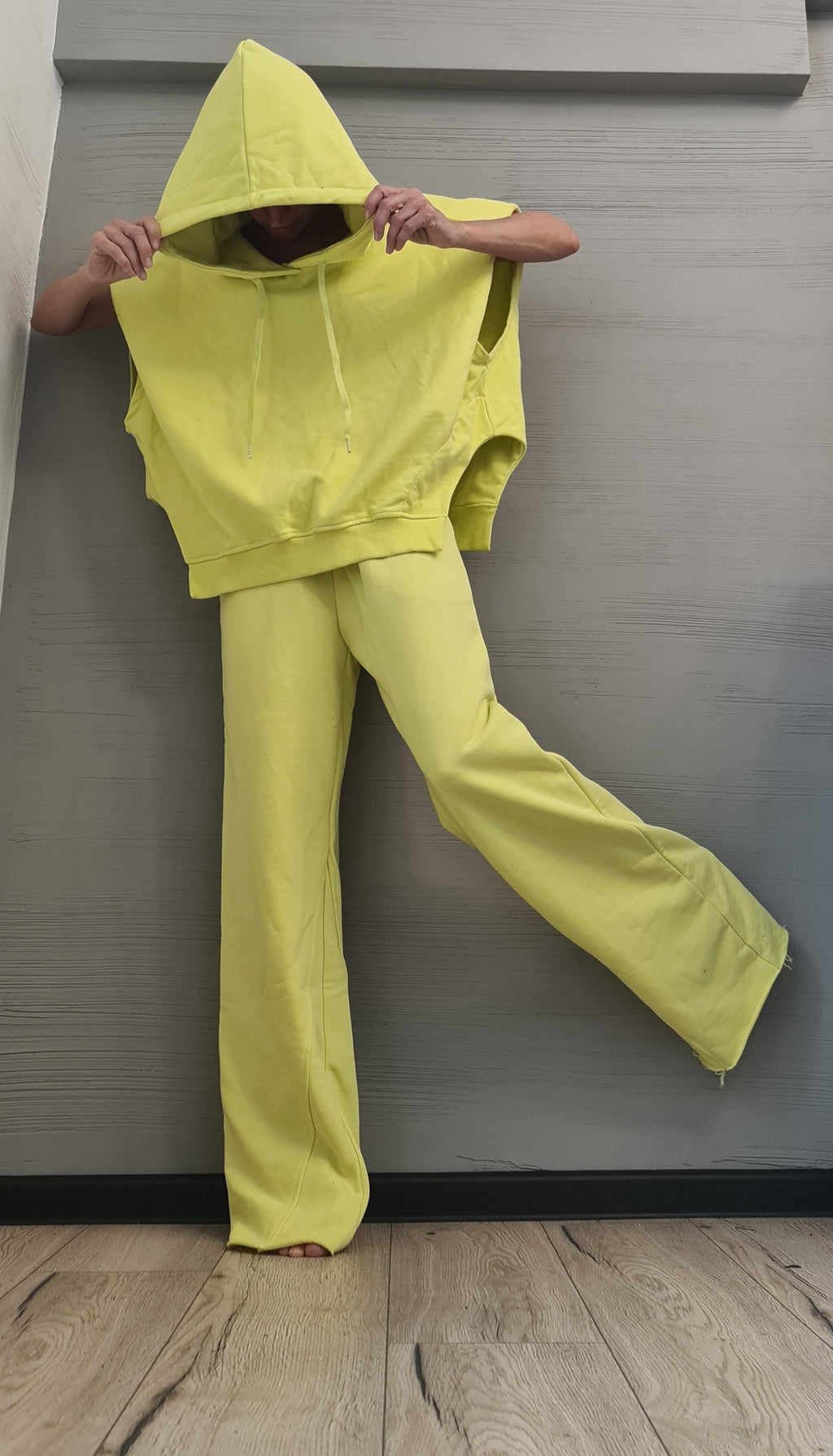 Lime Cotton Wide Leg Pants, Oversized Asymmetrical Hooded Blouse, Loose Fit Two-Piece Co-Ord Set